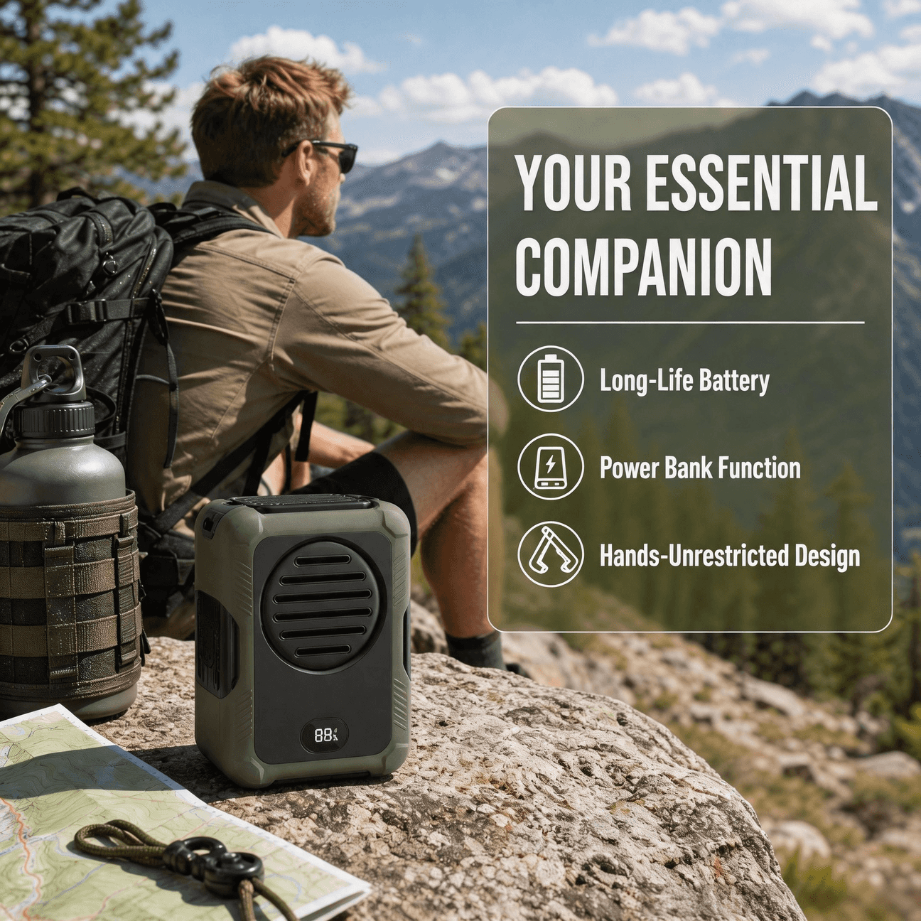 2026 Upgraded Ice Cooling Waist Fan - Portable Strong Wind Clip-on Personal Cooling Fan with Power Bank for Outdoor Work & Hiking